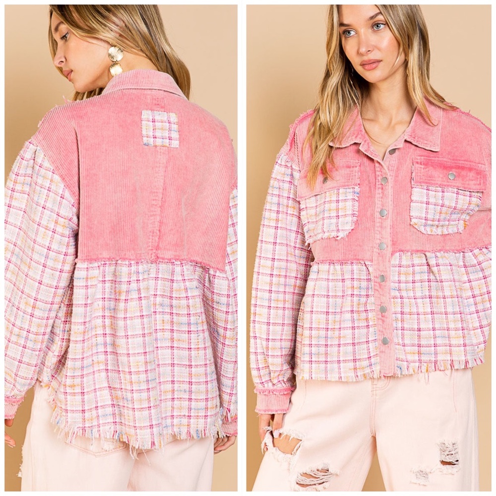Corduroy Tweed Ballon Sleeves Pink Womens Shacket Button Down - Picture 4 of 11